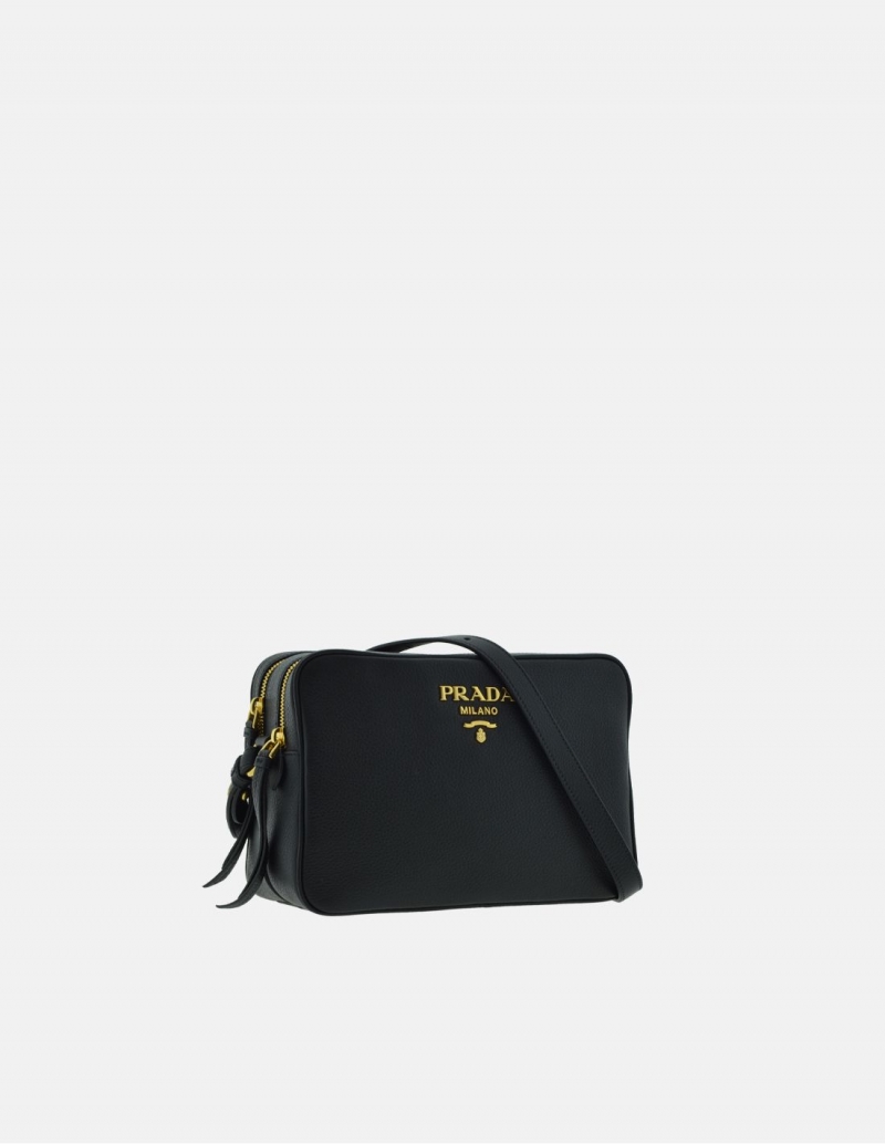 Prada Logo Leather Camera Bag In Black