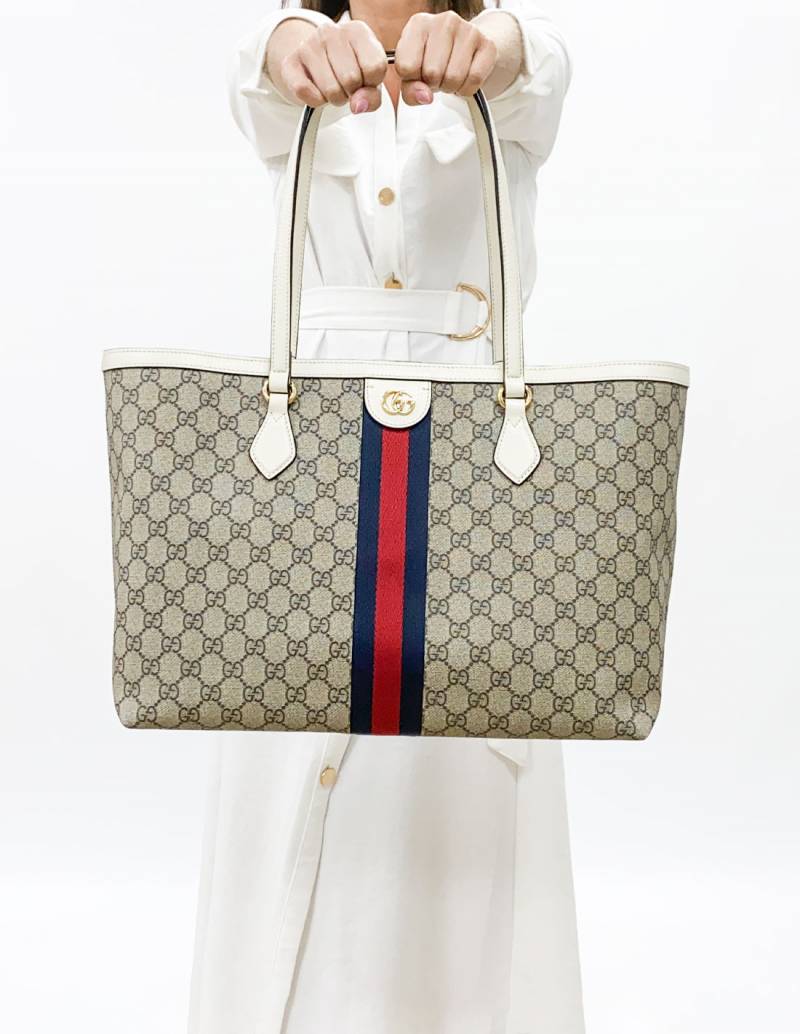 Gucci GG Supreme White Leather Beige Large Tote Bag