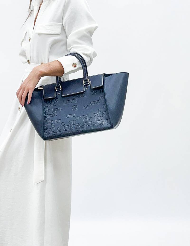 Bag Carolina Herrera Tote Editors Leather Navy Blue Ch 100% Original New